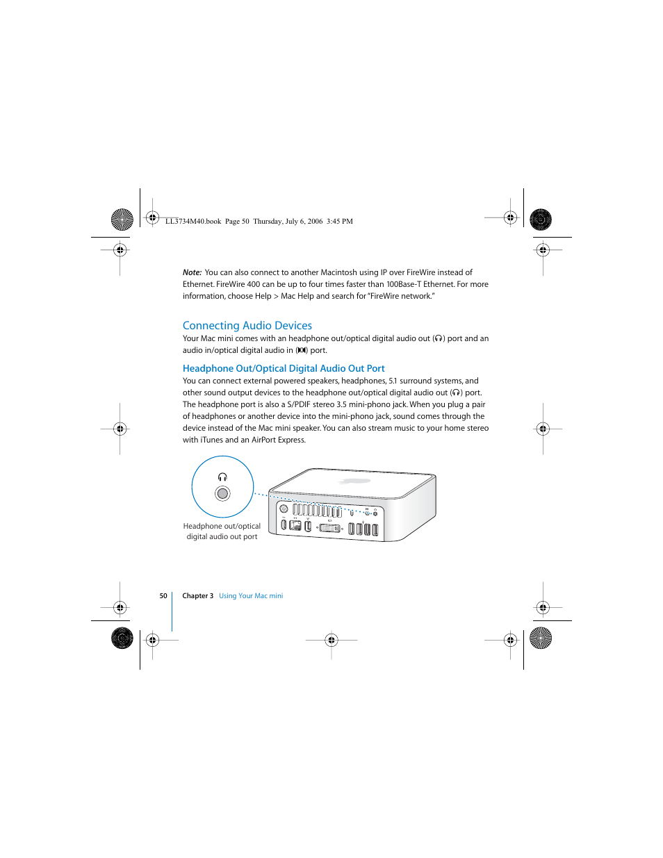 Connecting audio devices, Headphone out/optical digital audio out port | Apple Mac mini computer User Manual | Page 50 / 98