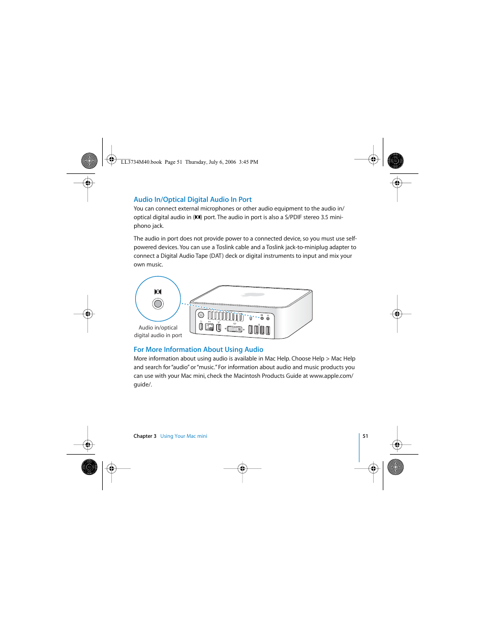 Audio in/optical digital audio in port, For more information about using audio | Apple Mac mini computer User Manual | Page 51 / 98