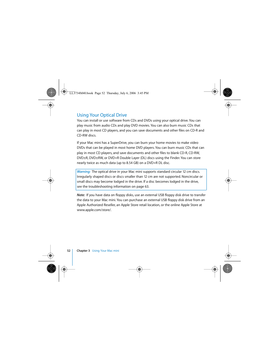 Using your optical drive | Apple Mac mini computer User Manual | Page 52 / 98