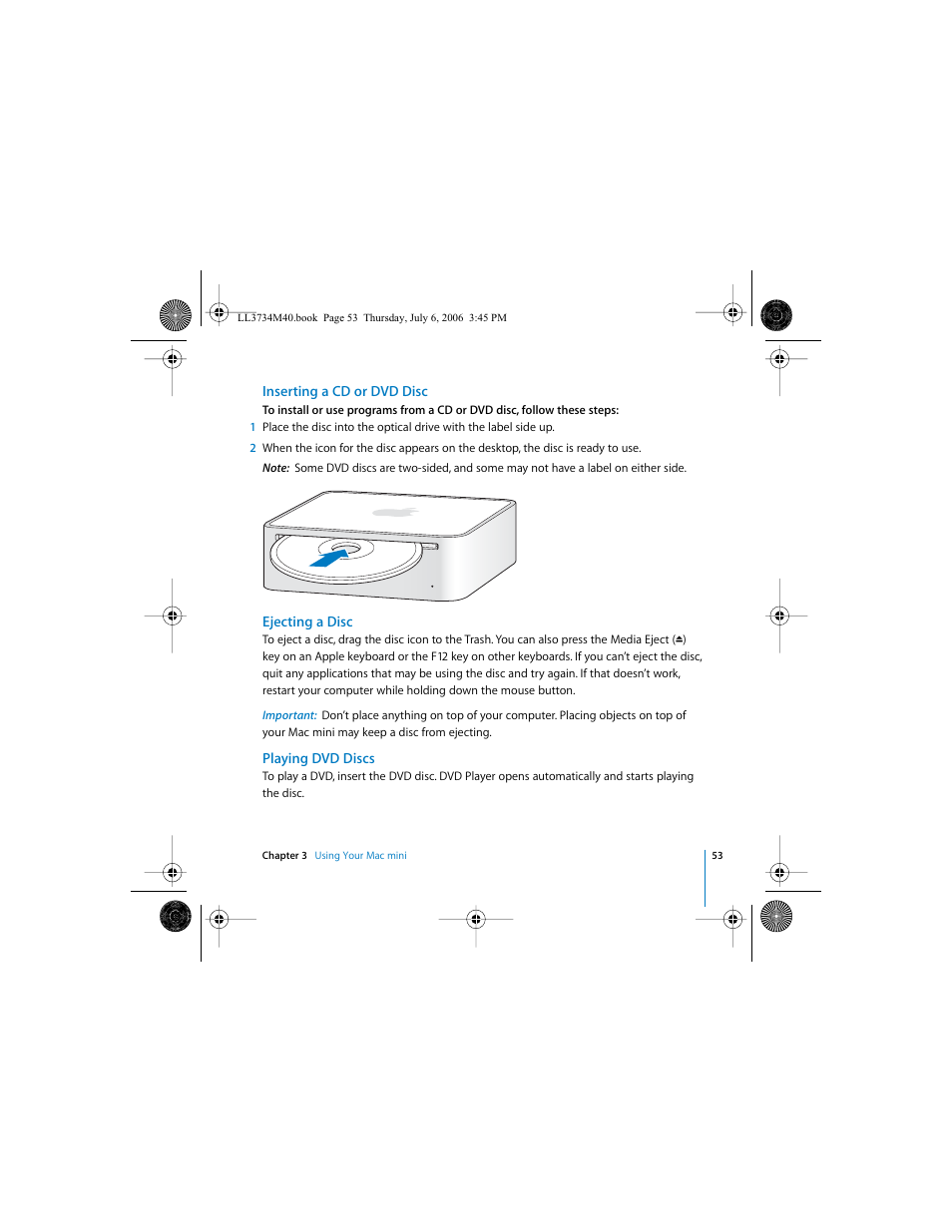 Inserting a cd or dvd disc, Ejecting a disc, Playing dvd discs | Apple Mac mini computer User Manual | Page 53 / 98