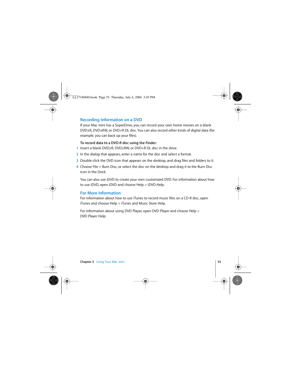 Recording information on a dvd, For more information | Apple Mac mini computer User Manual | Page 55 / 98