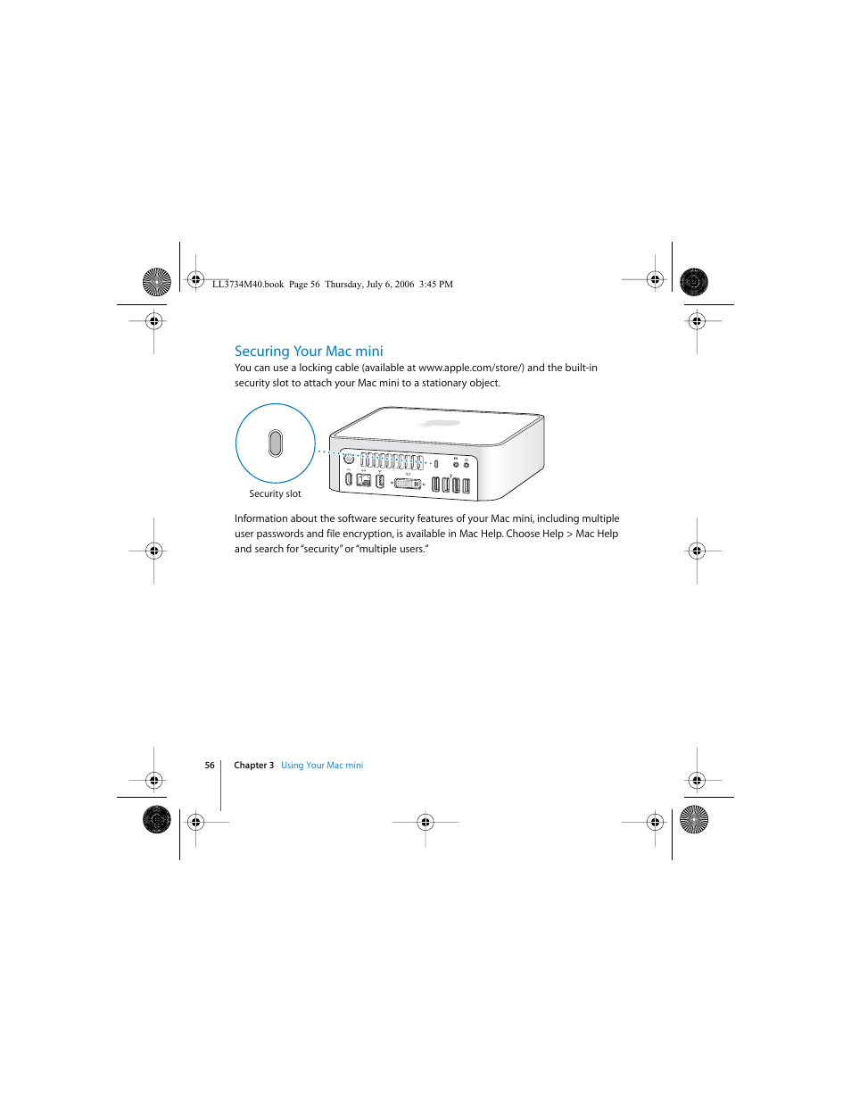 Securing your macmini, Securing your mac mini | Apple Mac mini computer User Manual | Page 56 / 98