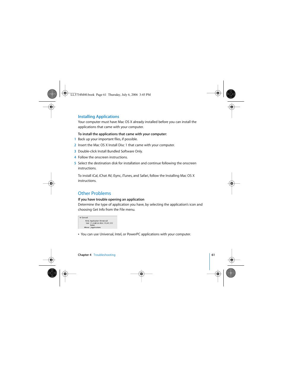 Installing applications, Other problems | Apple Mac mini computer User Manual | Page 61 / 98