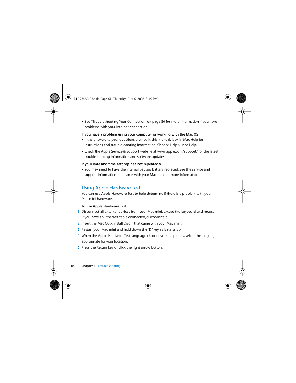 Using apple hardware test | Apple Mac mini computer User Manual | Page 64 / 98