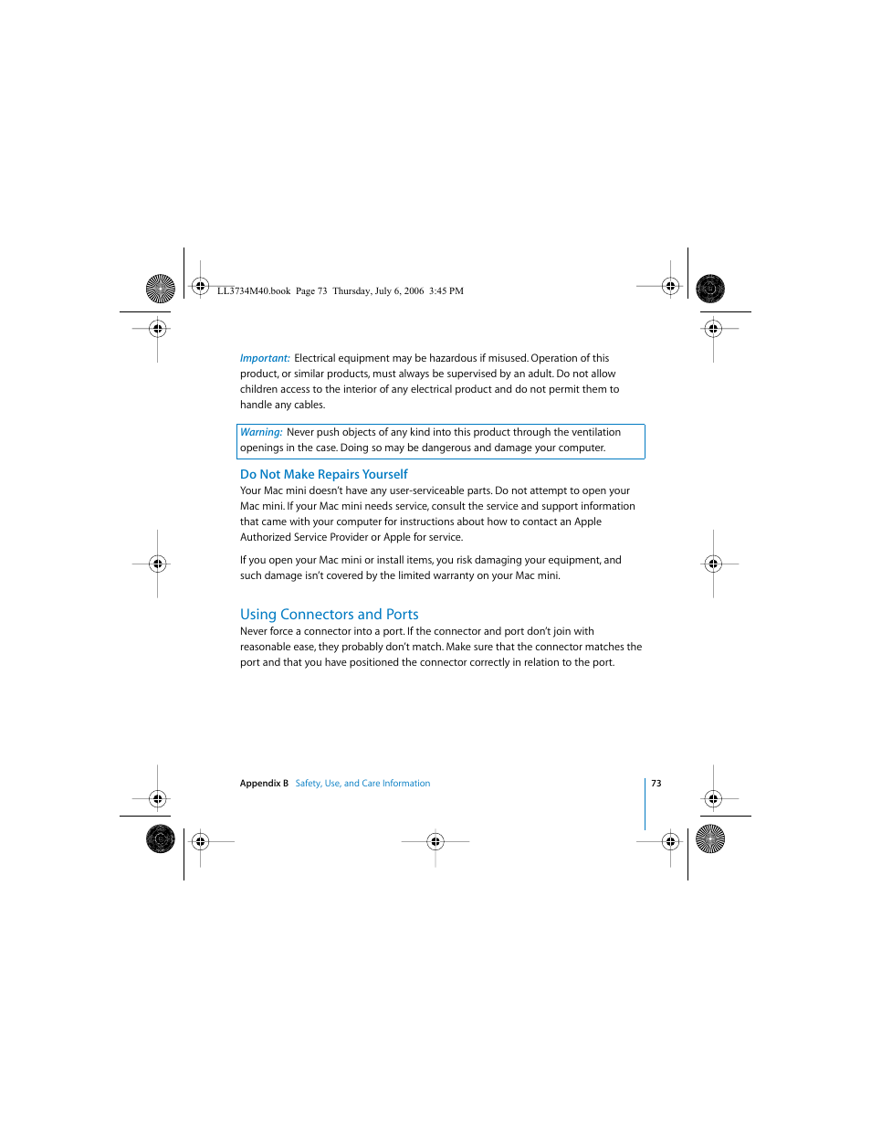 Do not make repairs yourself, Using connectors and ports | Apple Mac mini computer User Manual | Page 73 / 98