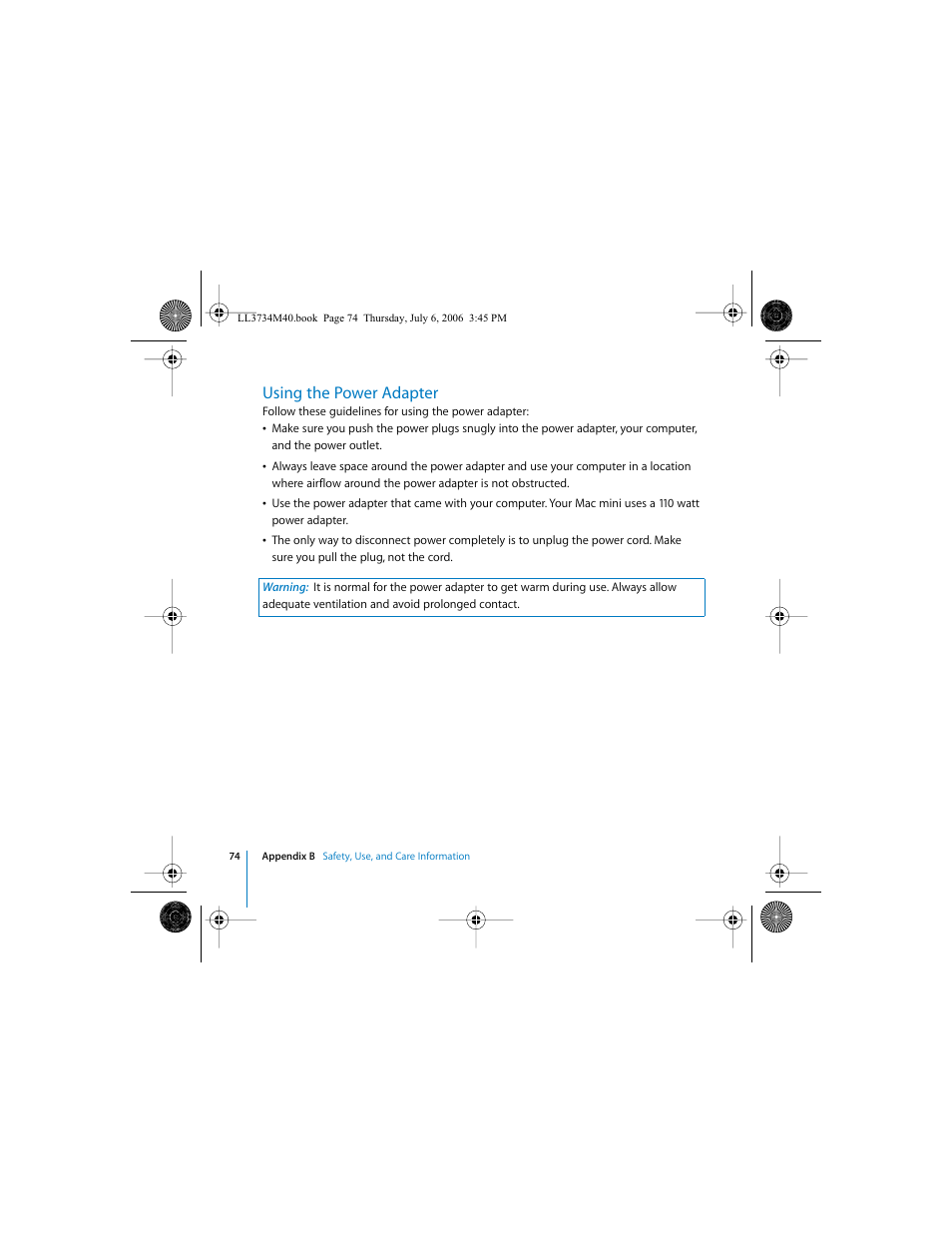 Using the power adapter | Apple Mac mini computer User Manual | Page 74 / 98