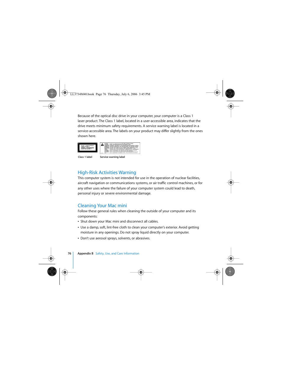 High-risk activities warning, Cleaning your macmini, Cleaning your mac mini | Apple Mac mini computer User Manual | Page 76 / 98