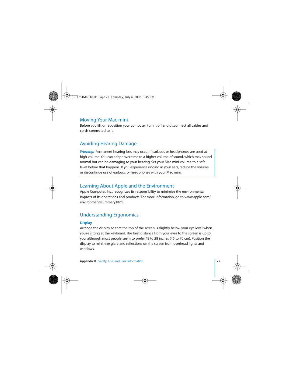 Moving your macmini, Avoiding hearing damage, Learning about apple and the environment | Understanding ergonomics, Moving your mac mini | Apple Mac mini computer User Manual | Page 77 / 98