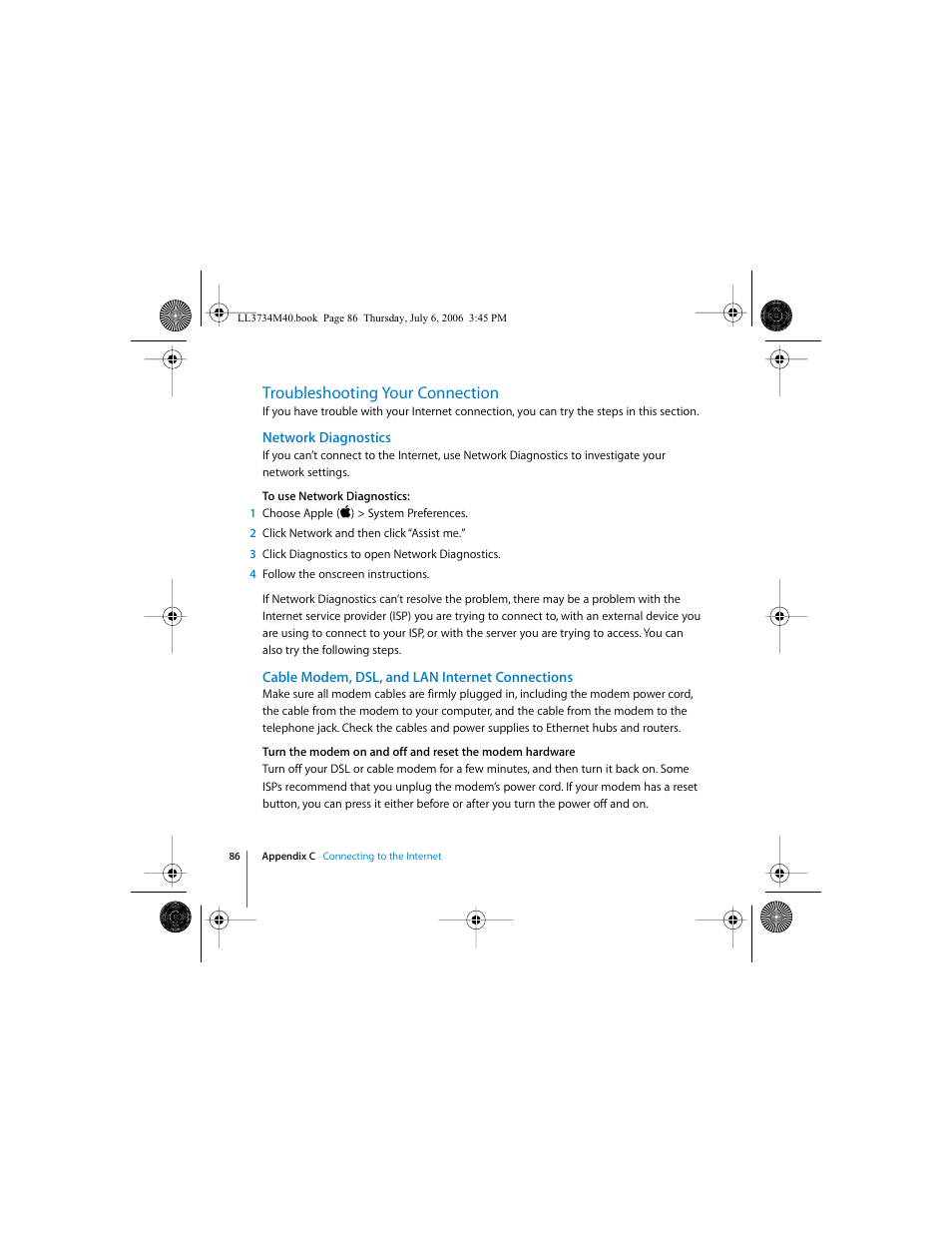 Troubleshooting your connection, Network diagnostics, Cable modem, dsl, and lan internet connections | Apple Mac mini computer User Manual | Page 86 / 98