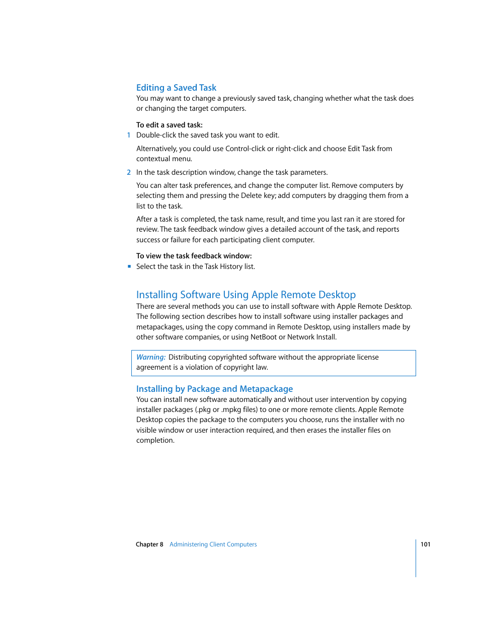 Installing software using apple remote desktop | Apple Remote Desktop (Administrator’s Guide) User Manual | Page 101 / 184