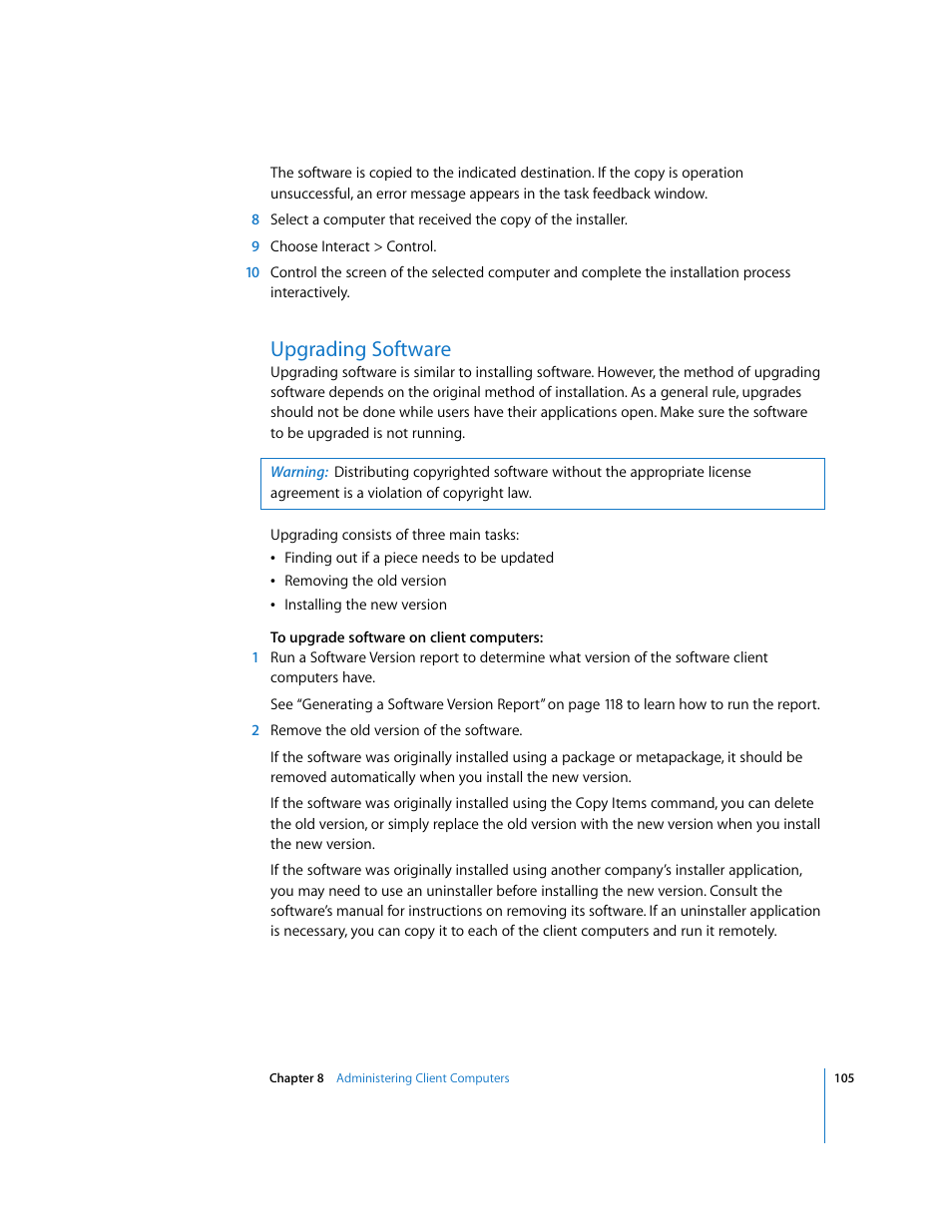 Upgrading software | Apple Remote Desktop (Administrator’s Guide) User Manual | Page 105 / 184