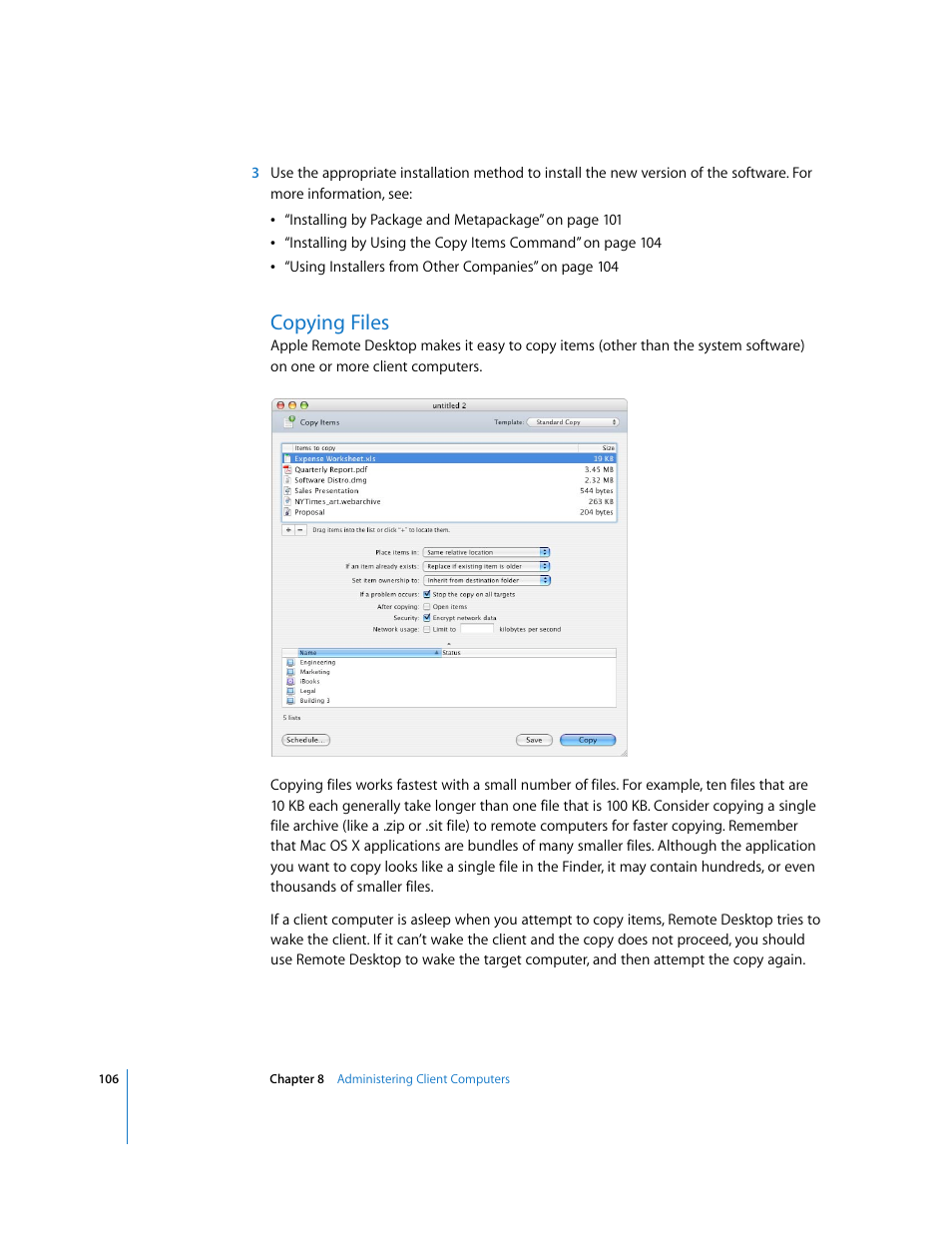 Copying files | Apple Remote Desktop (Administrator’s Guide) User Manual | Page 106 / 184