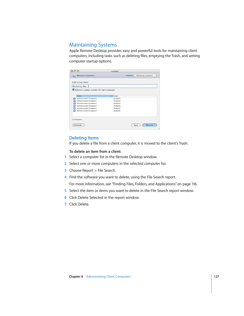 Maintaining systems | Apple Remote Desktop (Administrator’s Guide) User Manual | Page 127 / 184