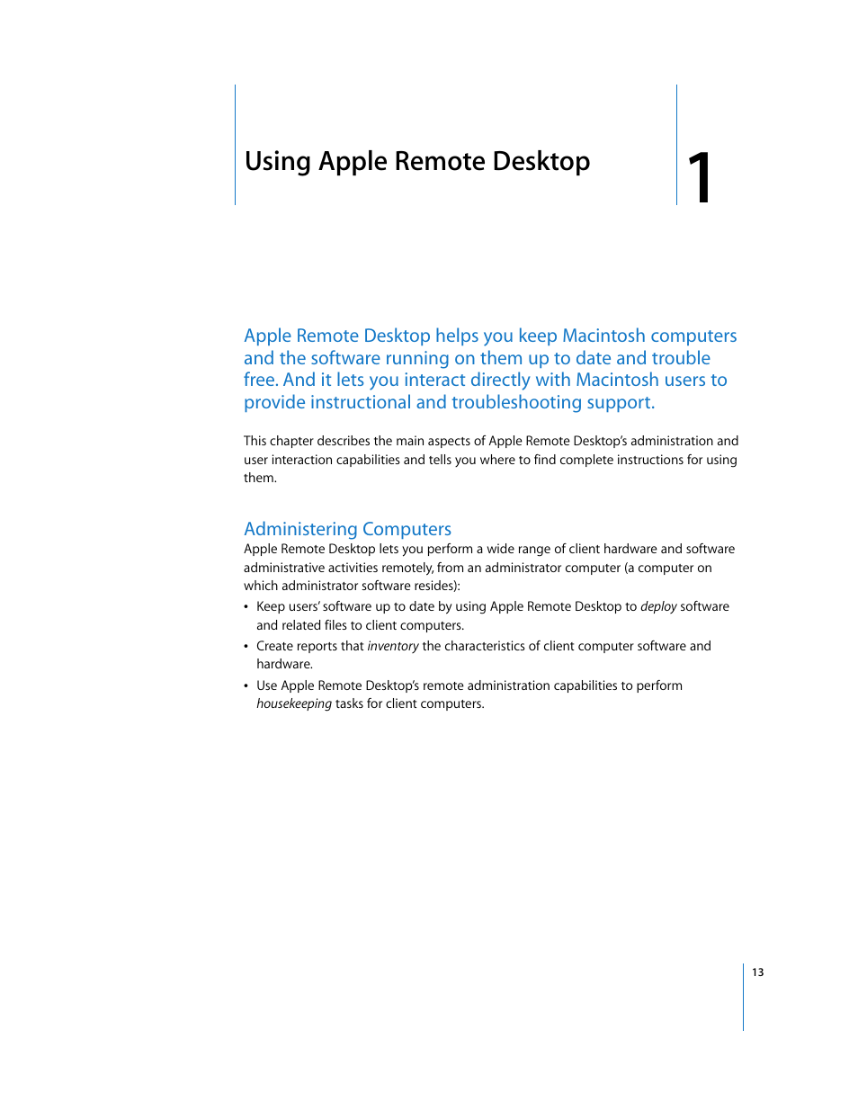 Chapter 1, Using apple remote desktop | Apple Remote Desktop (Administrator’s Guide) User Manual | Page 13 / 184