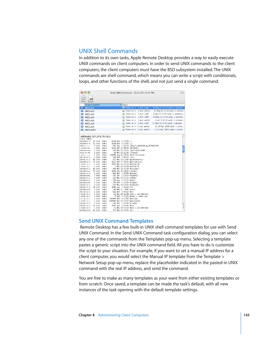 Ee “unix shell, Unix shell commands | Apple Remote Desktop (Administrator’s Guide) User Manual | Page 143 / 184