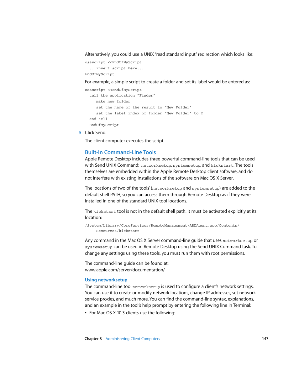 Ee “built-in command-line tools, Built-in command-line tools | Apple Remote Desktop (Administrator’s Guide) User Manual | Page 147 / 184