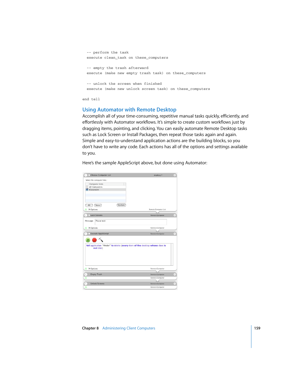 Using automator with remote desktop | Apple Remote Desktop (Administrator’s Guide) User Manual | Page 159 / 184