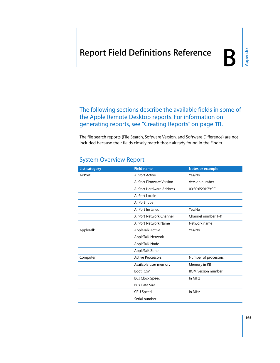 Appendix b, Report field definitions reference, System overview report | Apple Remote Desktop (Administrator’s Guide) User Manual | Page 165 / 184