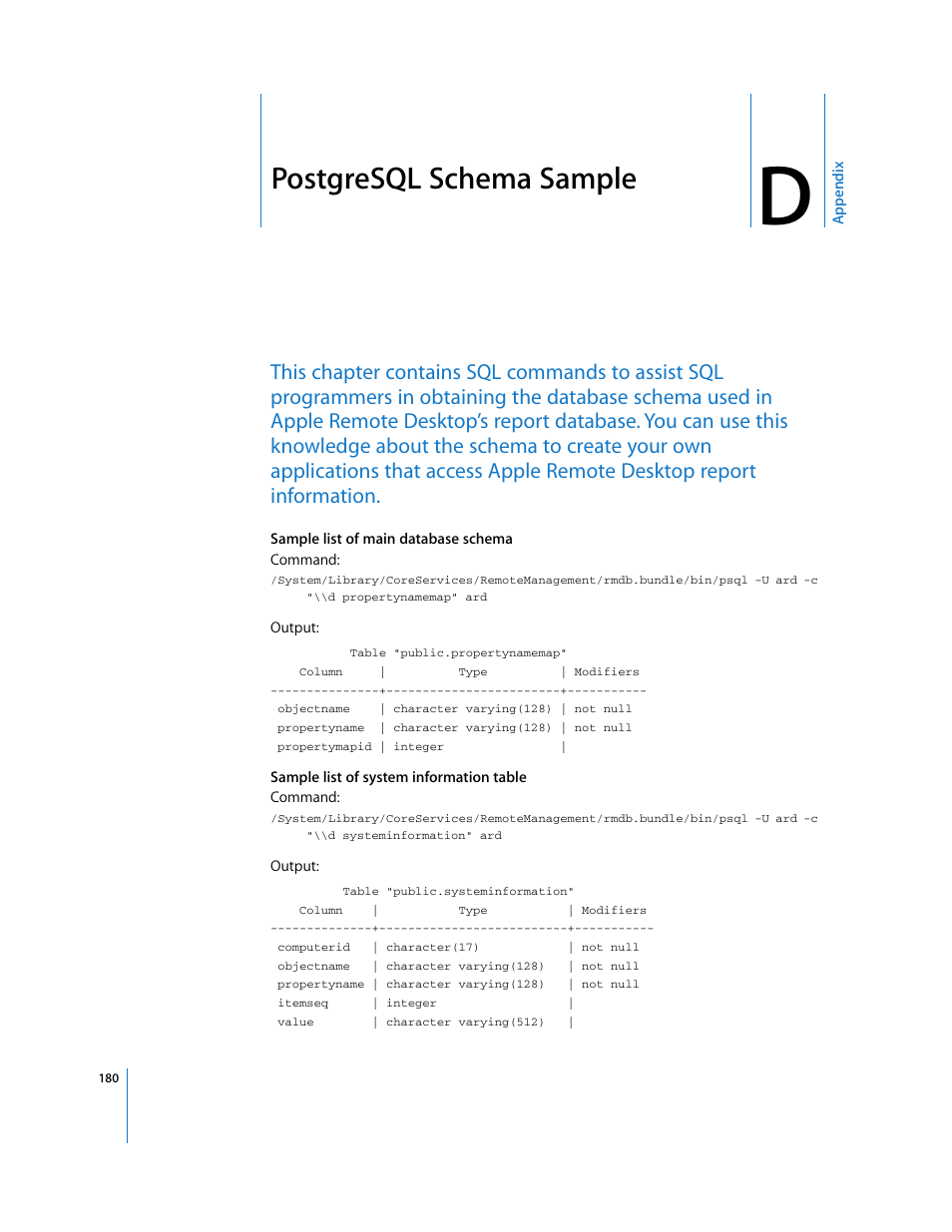 Appendix d, Postgresql schema sample | Apple Remote Desktop (Administrator’s Guide) User Manual | Page 180 / 184