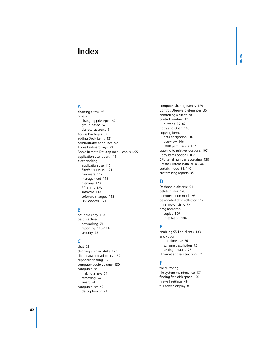 Index | Apple Remote Desktop (Administrator’s Guide) User Manual | Page 182 / 184