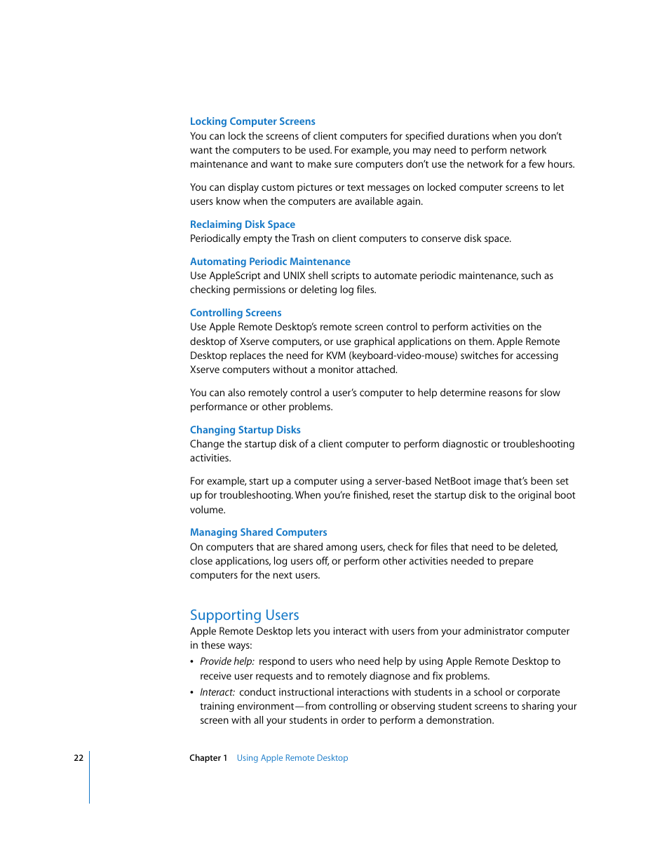Supporting users | Apple Remote Desktop (Administrator’s Guide) User Manual | Page 22 / 184