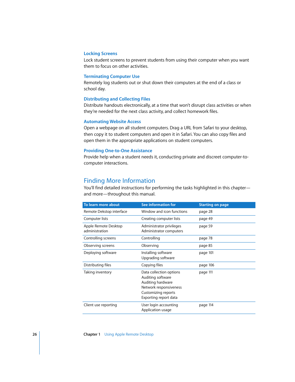 Finding more information | Apple Remote Desktop (Administrator’s Guide) User Manual | Page 26 / 184