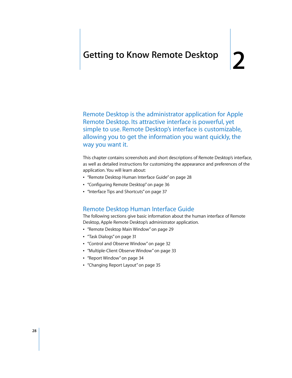 Chapter 2, Getting to know remote desktop | Apple Remote Desktop (Administrator’s Guide) User Manual | Page 28 / 184