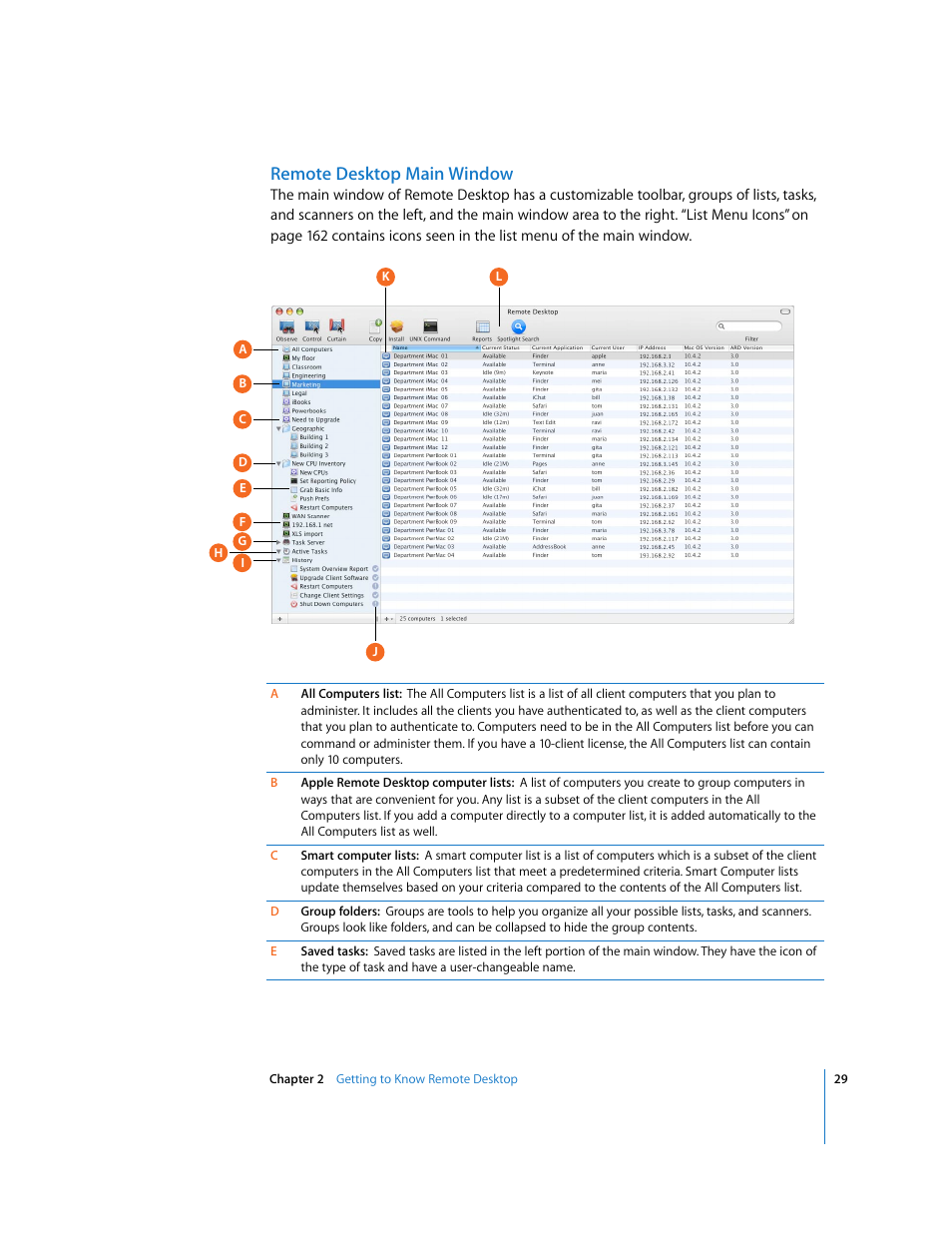 Remote desktop main window | Apple Remote Desktop (Administrator’s Guide) User Manual | Page 29 / 184