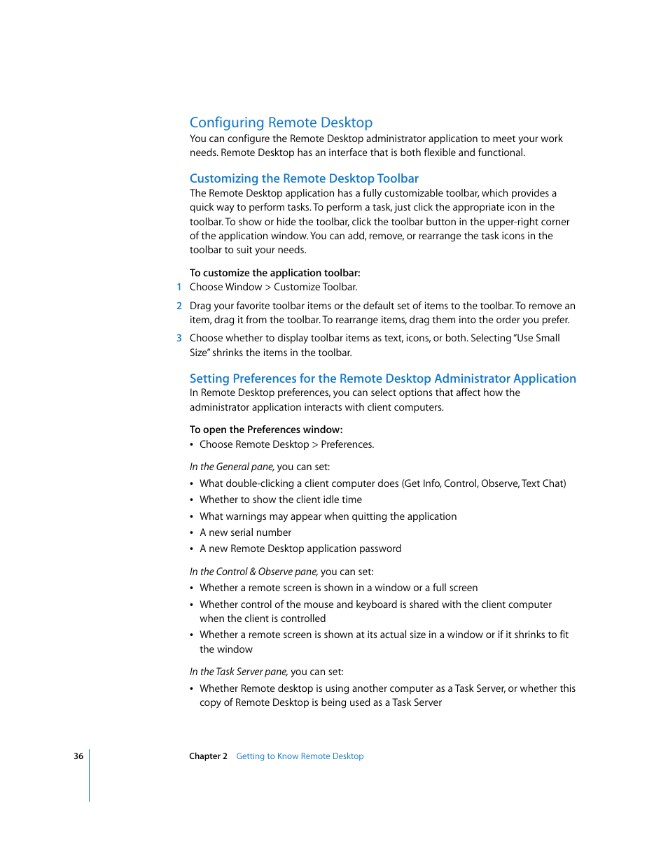 Configuring remote desktop | Apple Remote Desktop (Administrator’s Guide) User Manual | Page 36 / 184