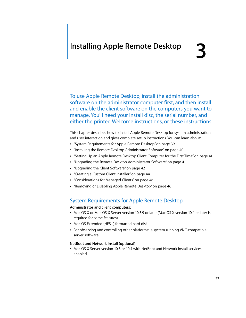 Chapter 3, Installing apple remote desktop | Apple Remote Desktop (Administrator’s Guide) User Manual | Page 39 / 184