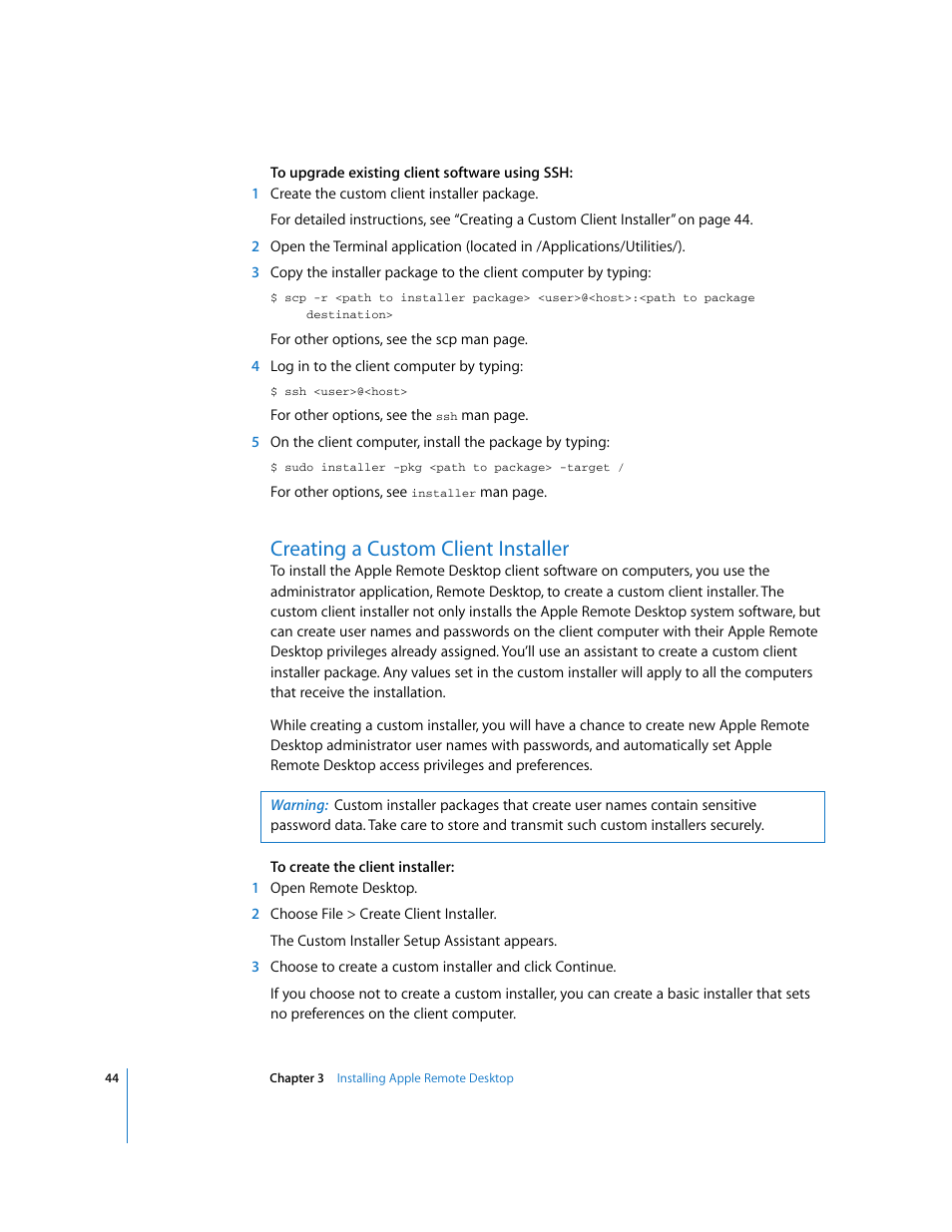 Creating a custom client installer | Apple Remote Desktop (Administrator’s Guide) User Manual | Page 44 / 184