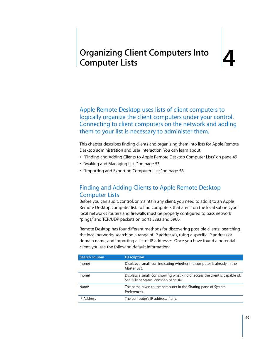 Chapter 4, Organizing client computers into computer lists | Apple Remote Desktop (Administrator’s Guide) User Manual | Page 49 / 184