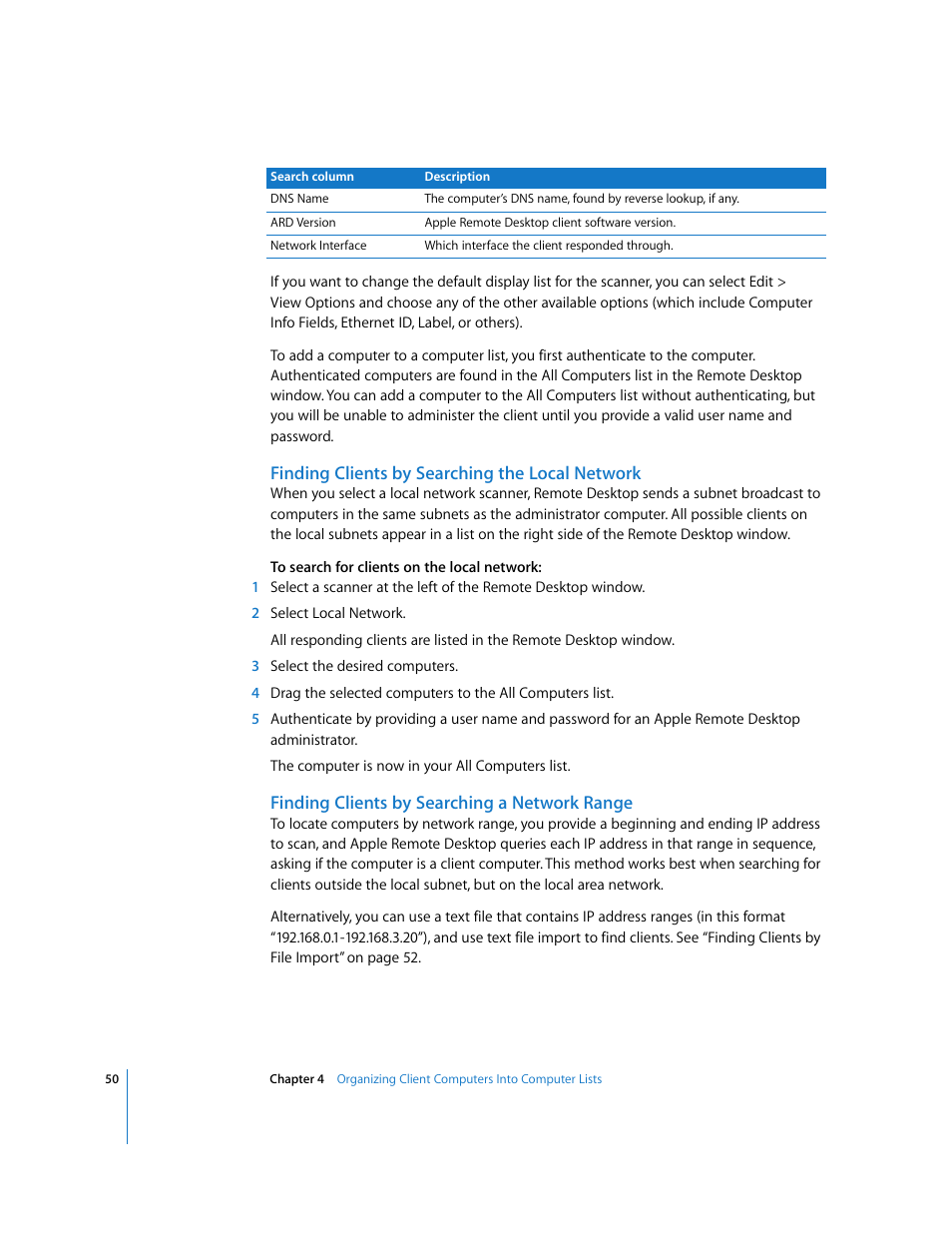 Finding clients by searching the local network, Finding clients by searching a network range | Apple Remote Desktop (Administrator’s Guide) User Manual | Page 50 / 184