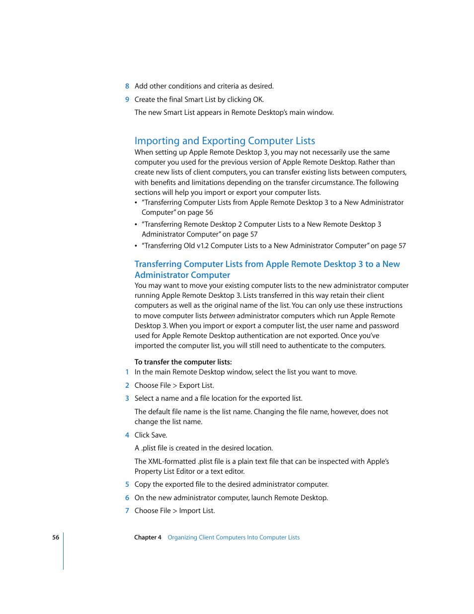 Importing and exporting computer lists | Apple Remote Desktop (Administrator’s Guide) User Manual | Page 56 / 184