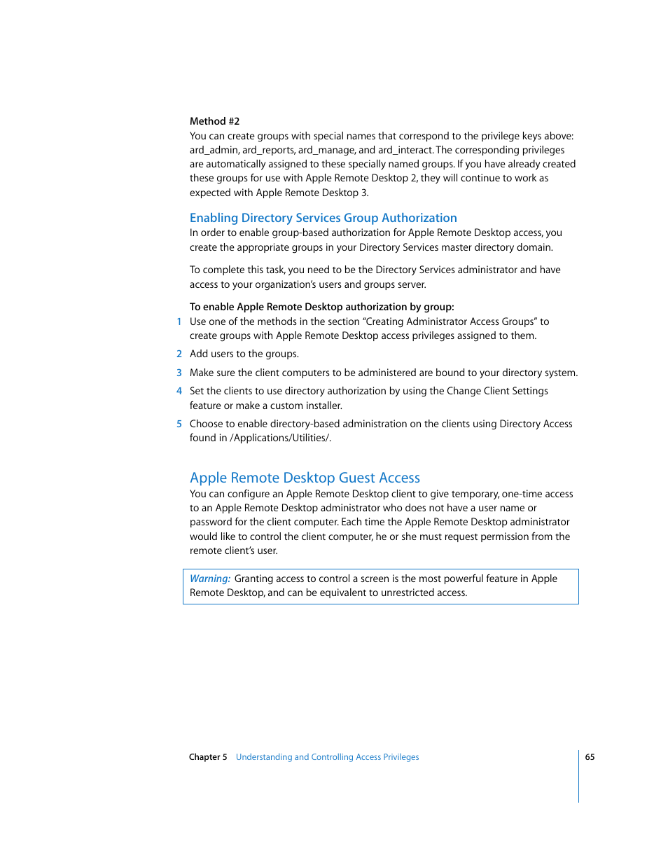 Apple remote desktop guest access | Apple Remote Desktop (Administrator’s Guide) User Manual | Page 65 / 184