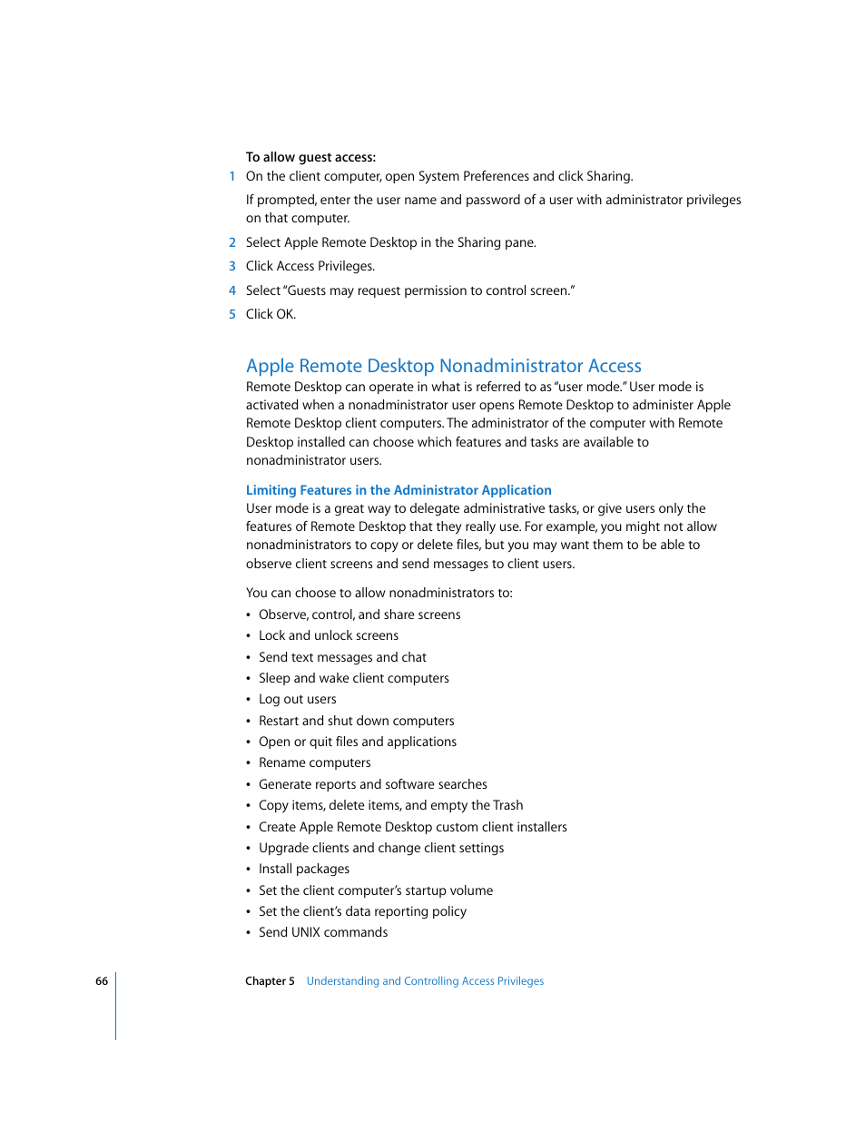 Apple remote desktop nonadministrator access | Apple Remote Desktop (Administrator’s Guide) User Manual | Page 66 / 184