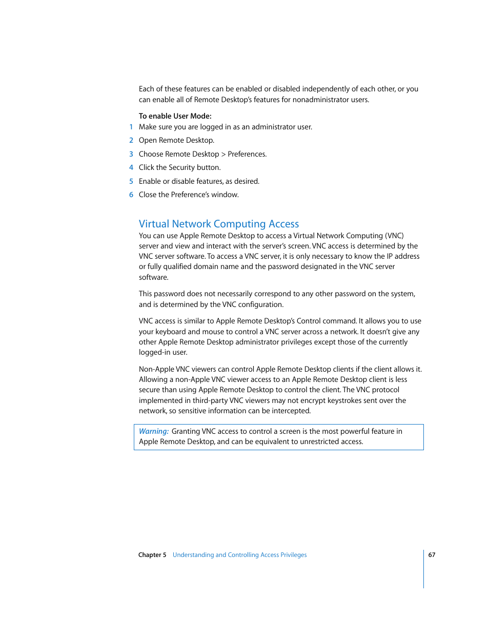 Virtual network computing access | Apple Remote Desktop (Administrator’s Guide) User Manual | Page 67 / 184