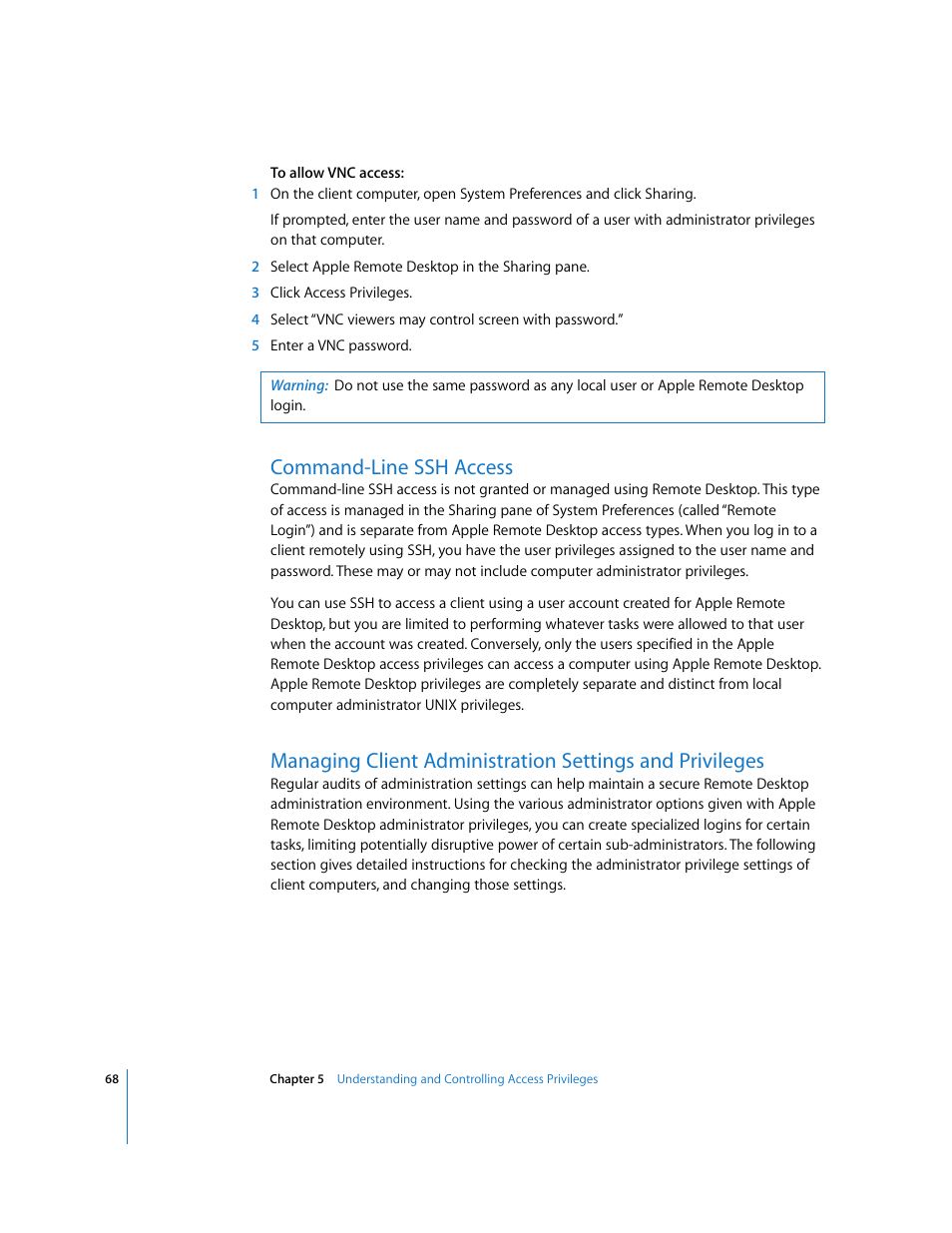 Command-line ssh access | Apple Remote Desktop (Administrator’s Guide) User Manual | Page 68 / 184