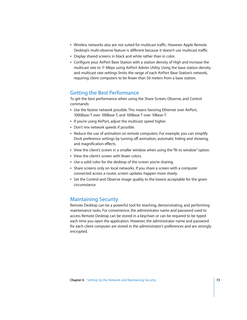 Getting the best performance, Maintaining security | Apple Remote Desktop (Administrator’s Guide) User Manual | Page 73 / 184