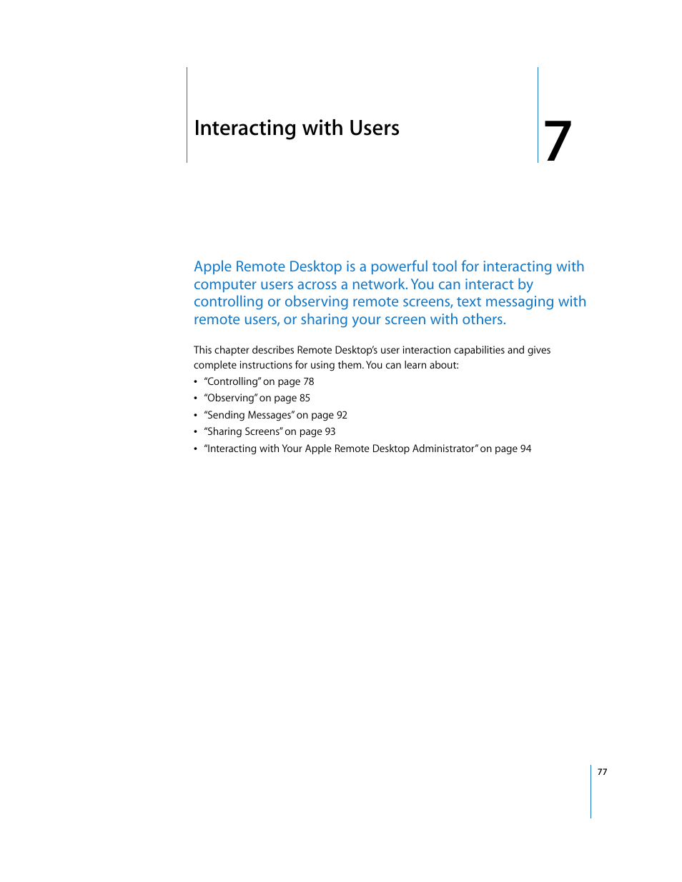 Chapter 7, Interacting with users | Apple Remote Desktop (Administrator’s Guide) User Manual | Page 77 / 184