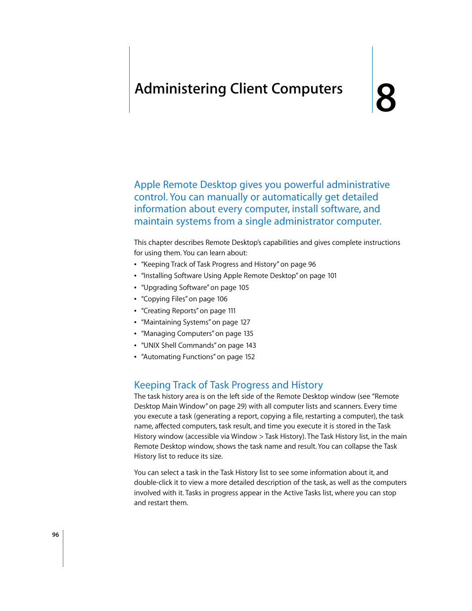 Chapter 8, Administering client computers | Apple Remote Desktop (Administrator’s Guide) User Manual | Page 96 / 184