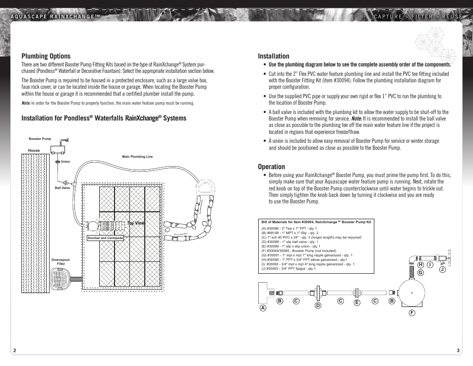 Plumbing options, Installation for pondless, Waterfalls rainxchange | Systems installation, Operation | Aquascape Booster Pump (30084 & 30085) User Manual | Page 2 / 5