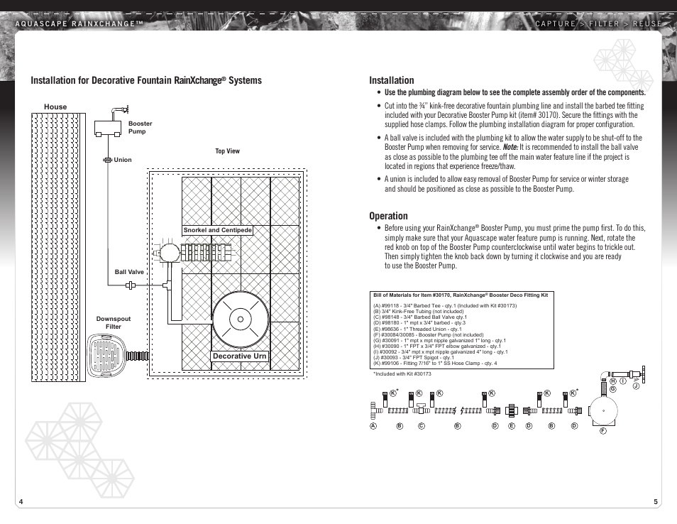 Installation, Operation, Installation for decorative fountain rainxchange | Systems | Aquascape Booster Pump (30084 & 30085) User Manual | Page 3 / 5