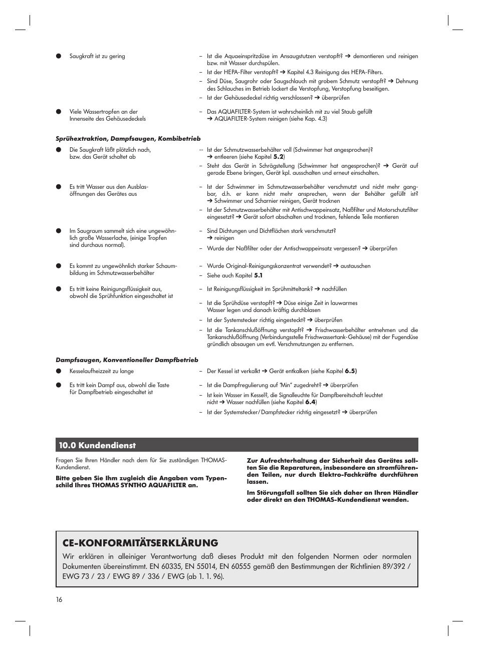 Ce-konformitätserklärung, 0 kundendienst | Thomas Syntho Aquafilter User Manual | Page 16 / 40
