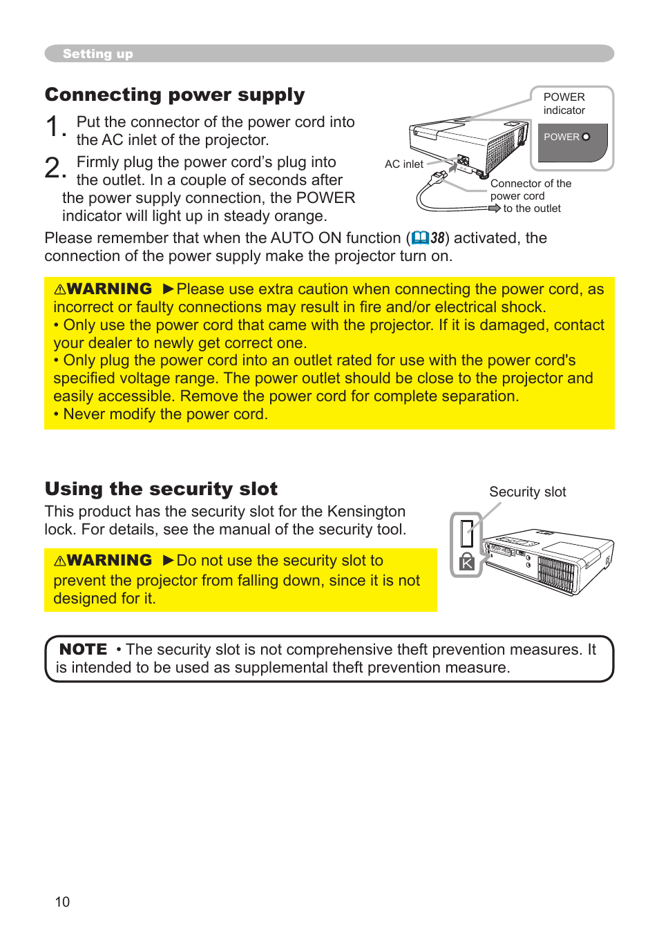 Connecting power supply, Using the security slot | Hitachi CPX3 User Manual | Page 10 / 61