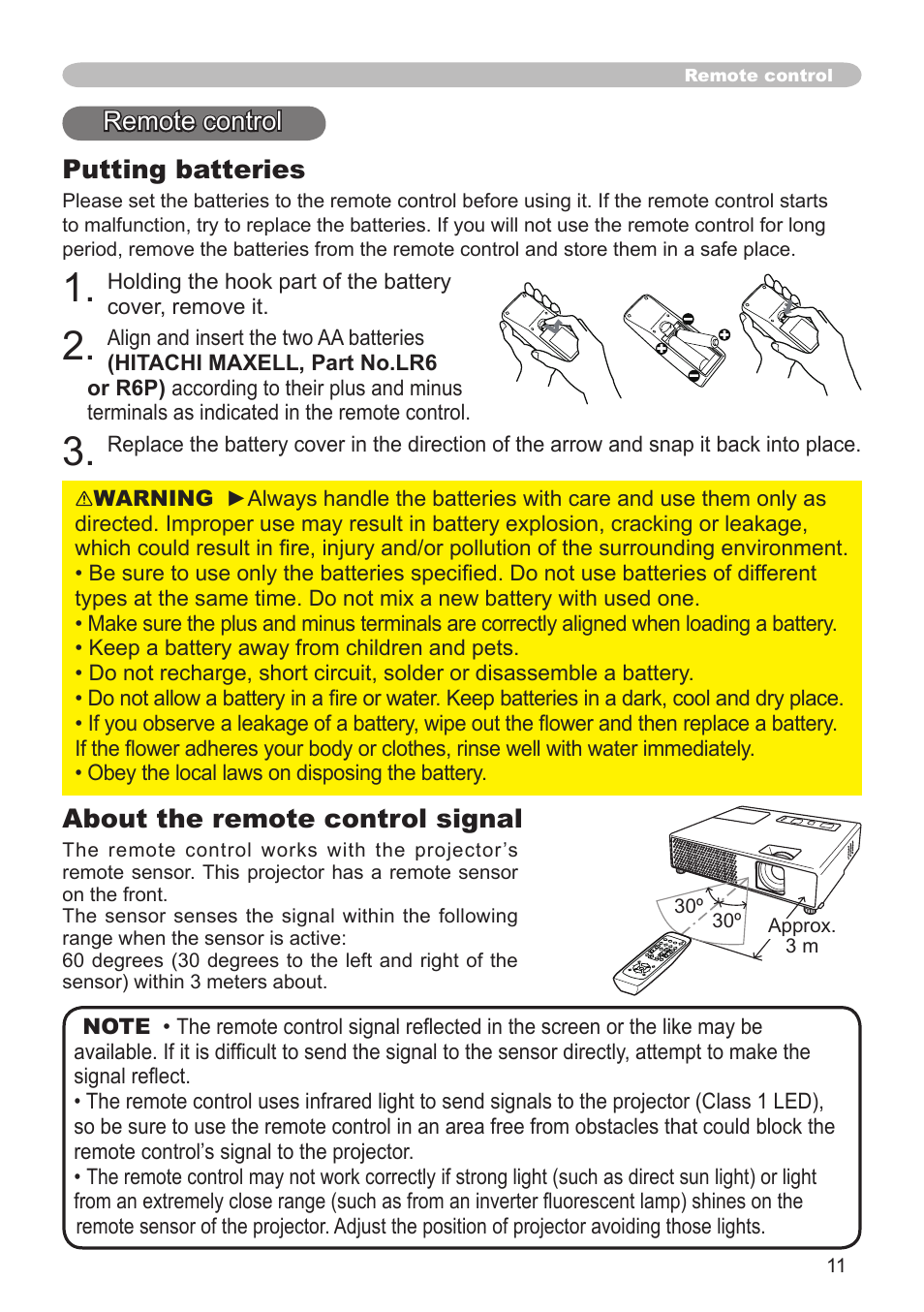 Putting batteries, Remote control, About the remote control signal | Hitachi CPX3 User Manual | Page 11 / 61