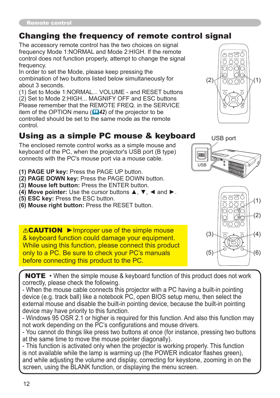 Using as a simple pc mouse & keyboard, Changing the frequency of remote control signal, Remote control | Hitachi CPX3 User Manual | Page 12 / 61