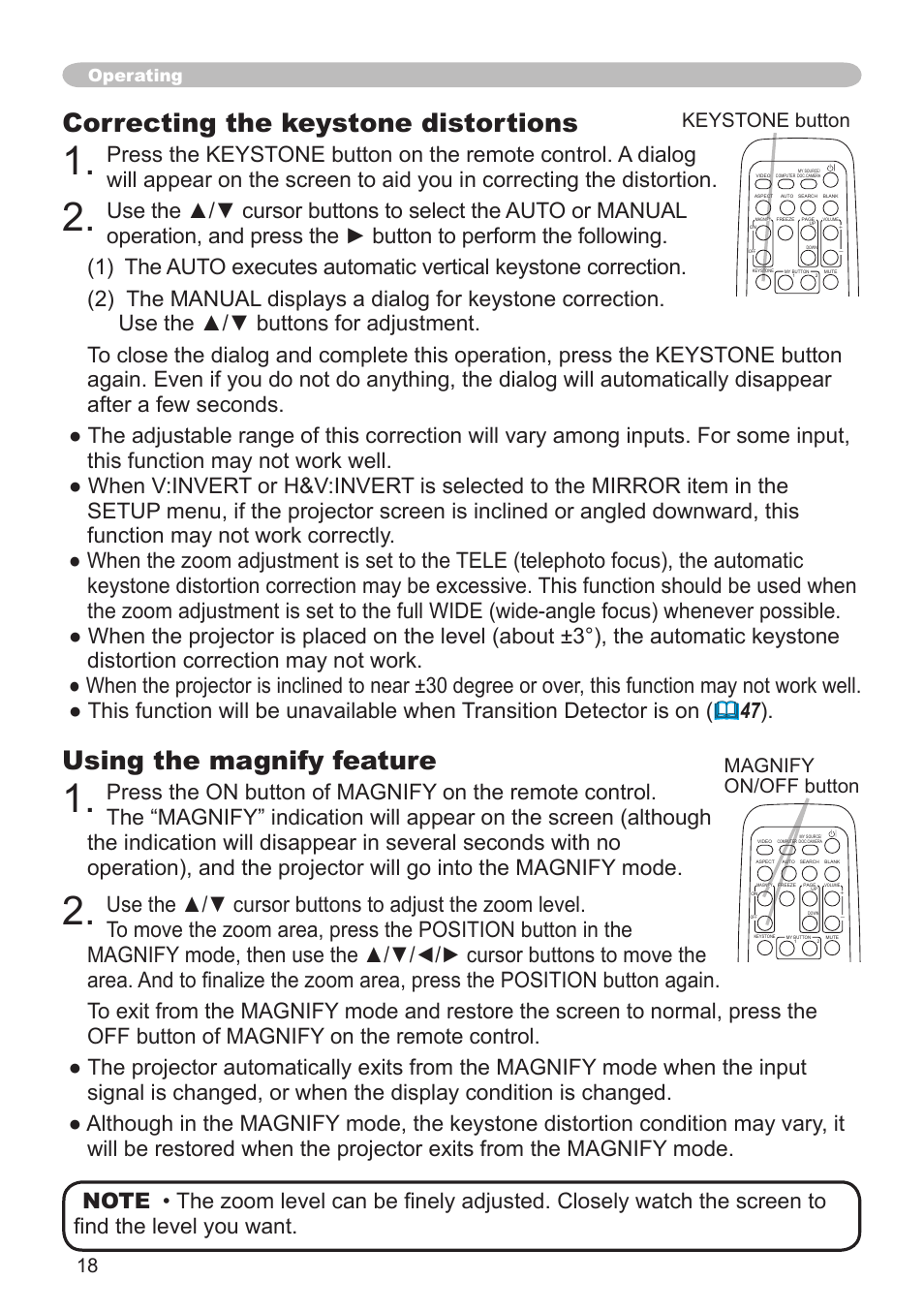 Using the magnify feature, Correcting the keystone distortions, Magnify on/off button | Keystone button, Operating | Hitachi CPX3 User Manual | Page 18 / 61