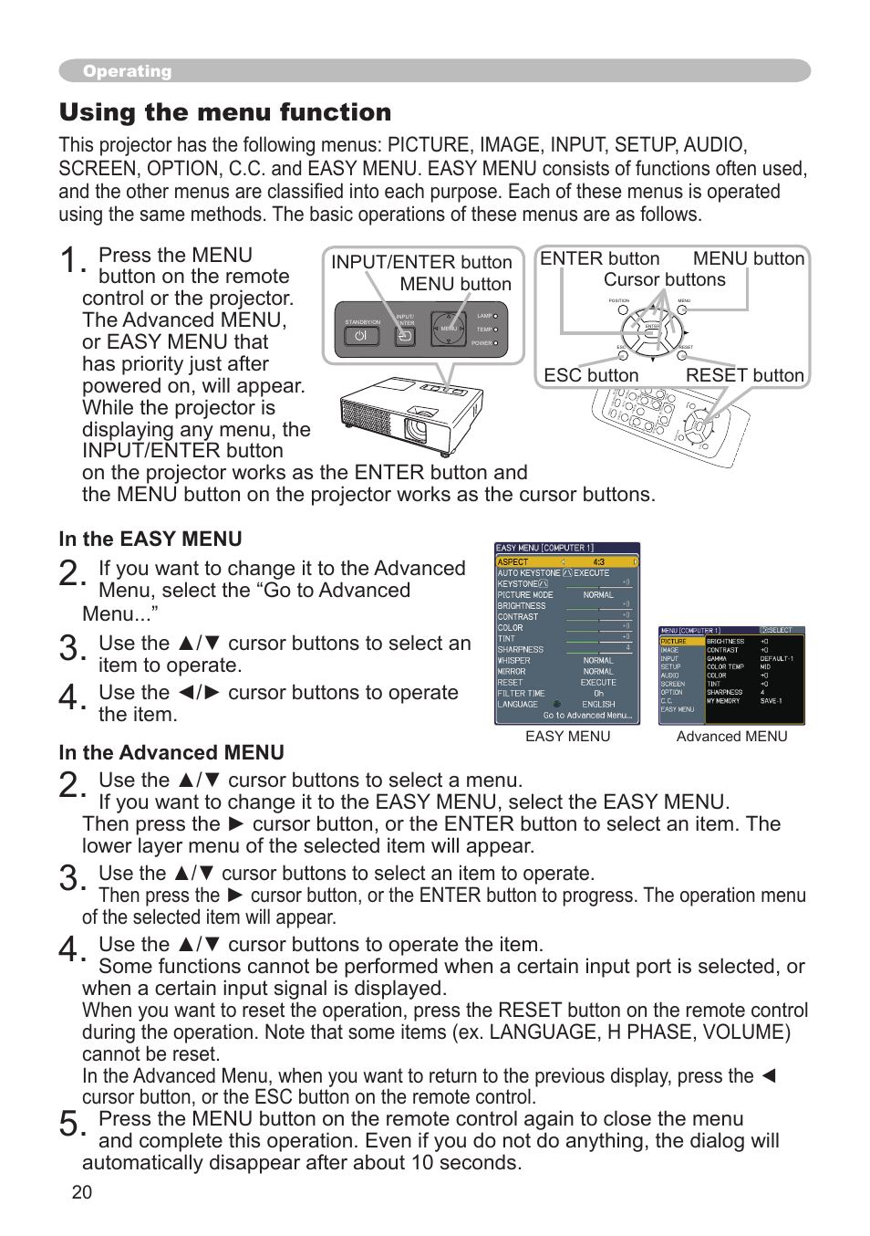 Using the menu function, Input/enter button menu button, Esc button | Operating | Hitachi CPX3 User Manual | Page 20 / 61