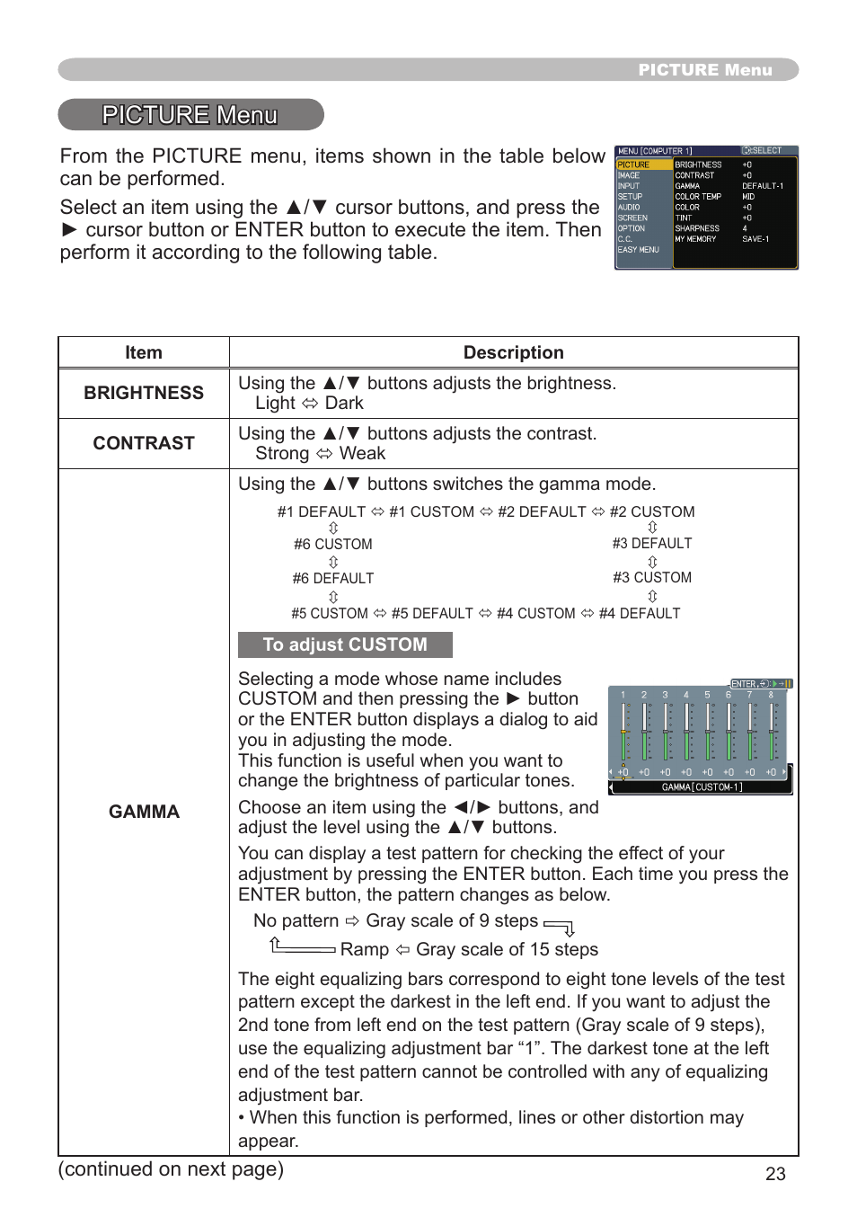 Picture menu | Hitachi CPX3 User Manual | Page 23 / 61